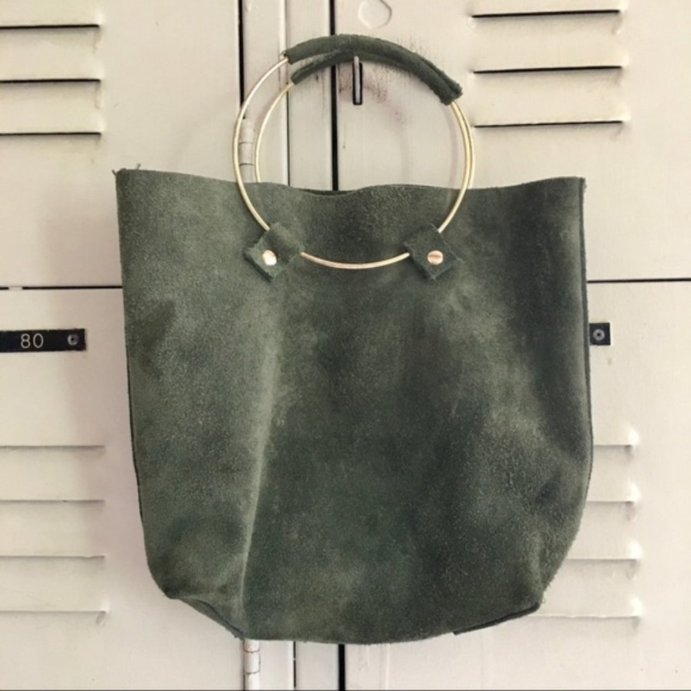 genuine suede green purse with brass ring handles & removable strap